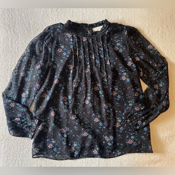 LOFT black floral sheer long sleeve blouse, women’s sz Medium - Picture 1 of 3